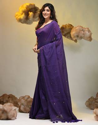 Elegant purple cotton saree with sequin embellishments and pom pom 3
