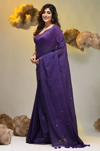 Elegant purple cotton saree with sequin embellishments and pom pom
