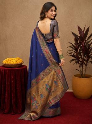 Blue soft silk blend banarasi jacuard work pethani saree with unstitched blouse piece 3