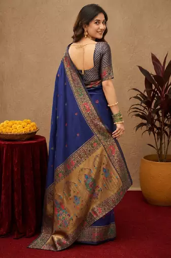 Blue soft silk blend banarasi jacuard work pethani saree with unstitched blouse piece