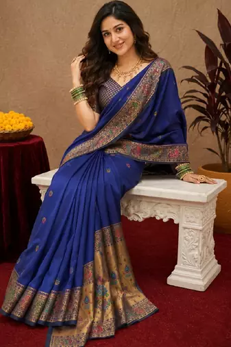 Blue soft silk blend banarasi jacuard work pethani saree with unstitched blouse piece