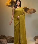 Elegant corn yellow cotton saree with sequin embellishments and pom pom