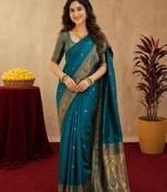 Teal blue soft silk blend banarasi jacuard work pethani saree with unstitched blouse piece