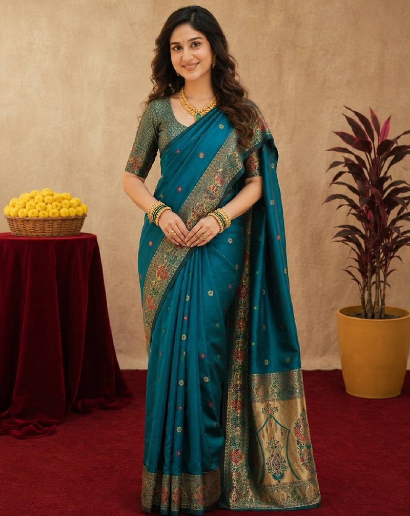 Teal blue soft silk blend banarasi jacuard work pethani saree with unstitched blouse piece