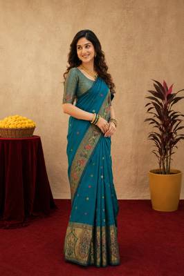 Teal blue soft silk blend banarasi jacuard work pethani saree with unstitched blouse piece 2