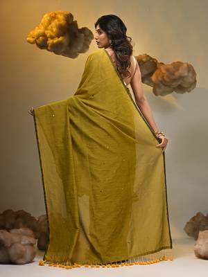 Elegant corn yellow cotton saree with sequin embellishments and pom pom 2