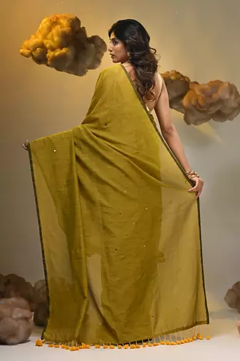 Elegant corn yellow cotton saree with sequin embellishments and pom pom