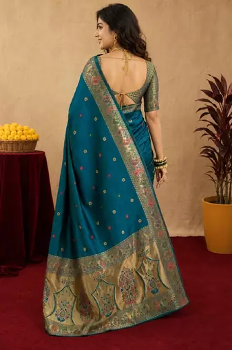 Teal blue soft silk blend banarasi jacuard work pethani saree with unstitched blouse piece