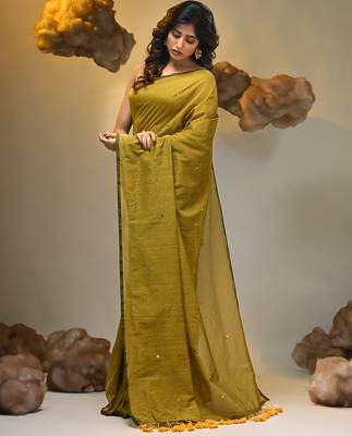 Elegant corn yellow cotton saree with sequin embellishments and pom pom 3