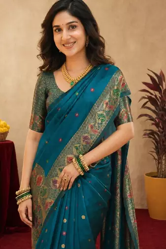 Teal blue soft silk blend banarasi jacuard work pethani saree with unstitched blouse piece