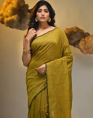 Elegant corn yellow cotton saree with sequin embellishments and pom pom 5