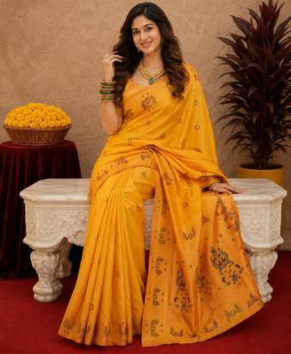 Yellow soft silk blend banarasi jacuard work pethani saree with unstitched blouse piece 1