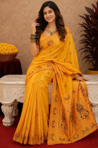 Yellow soft silk blend banarasi jacuard work pethani saree with unstitched blouse piece