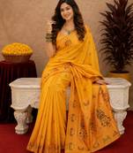 Yellow soft silk blend banarasi jacuard work pethani saree with unstitched blouse piece