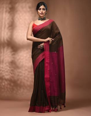 Elegant brown and pink cotton saree with pom pom and sequins 1