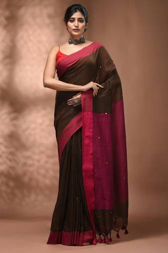 Elegant brown and pink cotton saree with pom pom and sequins