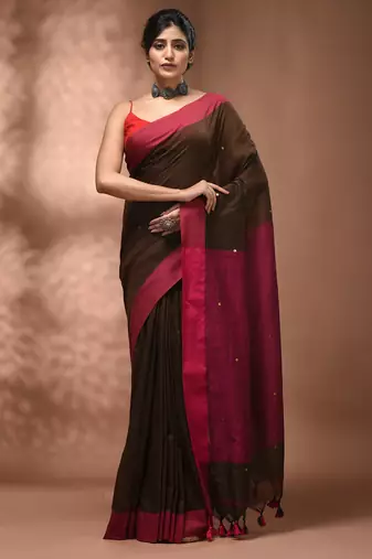 Elegant brown and pink cotton saree with pom pom and sequins