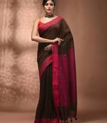 Elegant brown and pink cotton saree with pom pom and sequins