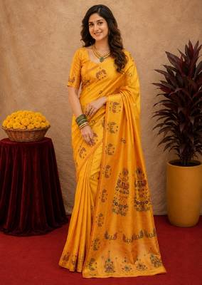Yellow soft silk blend banarasi jacuard work pethani saree with unstitched blouse piece 2