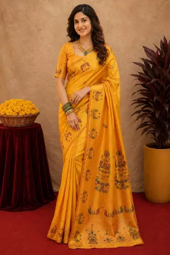 Yellow soft silk blend banarasi jacuard work pethani saree with unstitched blouse piece