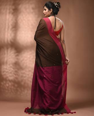 Elegant brown and pink cotton saree with pom pom and sequins 2