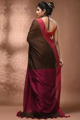 Elegant brown and pink cotton saree with pom pom and sequins