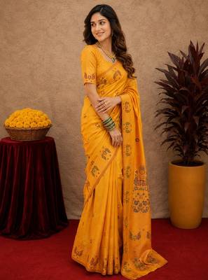 Yellow soft silk blend banarasi jacuard work pethani saree with unstitched blouse piece 3