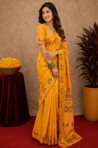 Yellow soft silk blend banarasi jacuard work pethani saree with unstitched blouse piece