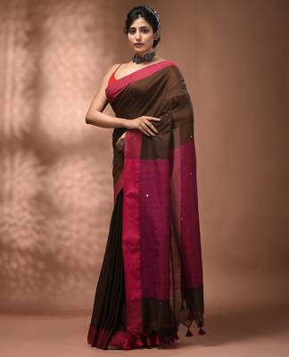 Elegant brown and pink cotton saree with pom pom and sequins 3