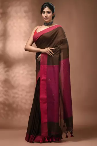 Elegant brown and pink cotton saree with pom pom and sequins