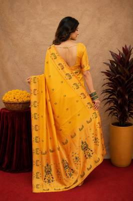 Yellow soft silk blend banarasi jacuard work pethani saree with unstitched blouse piece 4