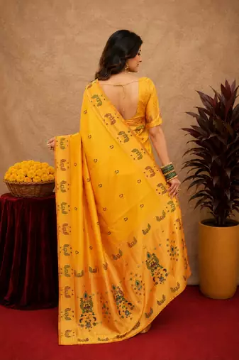 Yellow soft silk blend banarasi jacuard work pethani saree with unstitched blouse piece