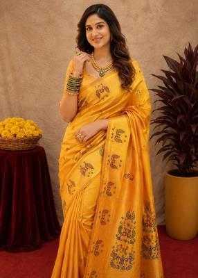 Yellow soft silk blend banarasi jacuard work pethani saree with unstitched blouse piece 5