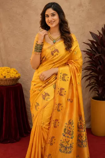 Yellow soft silk blend banarasi jacuard work pethani saree with unstitched blouse piece