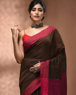 Elegant brown and pink cotton saree with pom pom and sequins 5