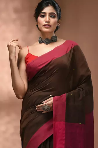 Elegant brown and pink cotton saree with pom pom and sequins