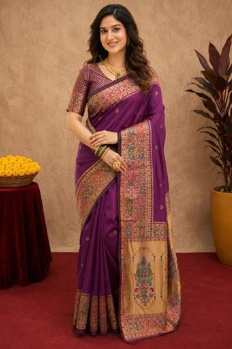 Purple soft silk blend banarasi jacuard work pethani saree with unstitched blouse piece