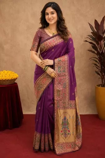 Purple soft silk blend banarasi jacuard work pethani saree with unstitched blouse piece