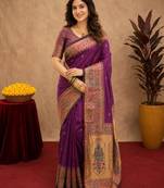 Purple soft silk blend banarasi jacuard work pethani saree with unstitched blouse piece