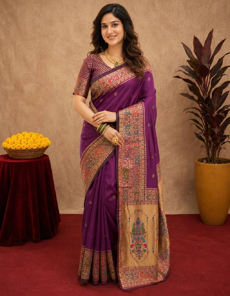 Purple soft silk blend banarasi jacuard work pethani saree with unstitched blouse piece