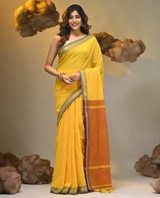 Yellow cotton handspun soft saree with texture borders 1
