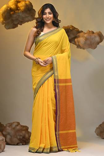 Yellow cotton handspun soft saree with texture borders