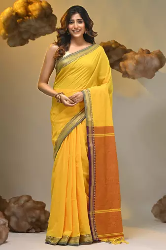 Yellow cotton handspun soft saree with texture borders