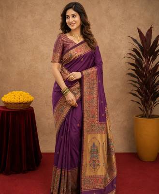 Purple soft silk blend banarasi jacuard work pethani saree with unstitched blouse piece 2