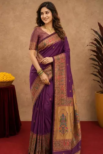 Purple soft silk blend banarasi jacuard work pethani saree with unstitched blouse piece
