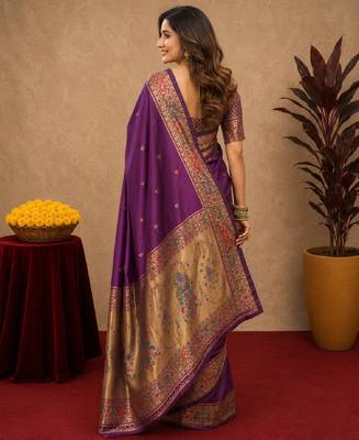 Purple soft silk blend banarasi jacuard work pethani saree with unstitched blouse piece 3