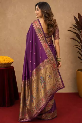 Purple soft silk blend banarasi jacuard work pethani saree with unstitched blouse piece