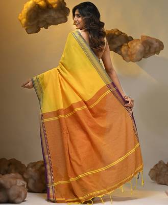 Yellow cotton handspun soft saree with texture borders 2
