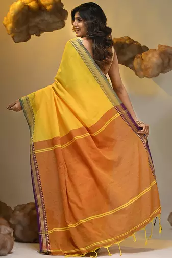 Yellow cotton handspun soft saree with texture borders