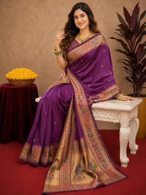 Purple soft silk blend banarasi jacuard work pethani saree with unstitched blouse piece 4